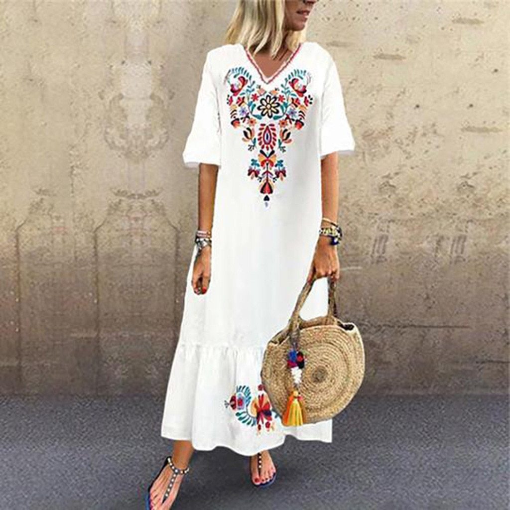 Women Casual Boho Floral Embroidery V-Neck Ruffled Linen Maxi Kaftan Midi Dresses