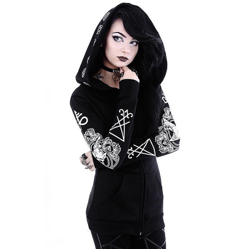 Women Plus Size Coat Punk Gothic Print Hooded Hipster Goth Dark Hoodies