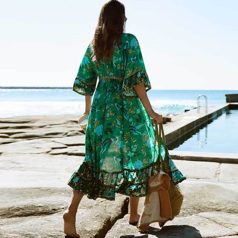 Boho Forest Print Fluted Sleeves Frill Summer Dress V-neck Tied Beach Dress for Women Chic Gypsy Boho Dress