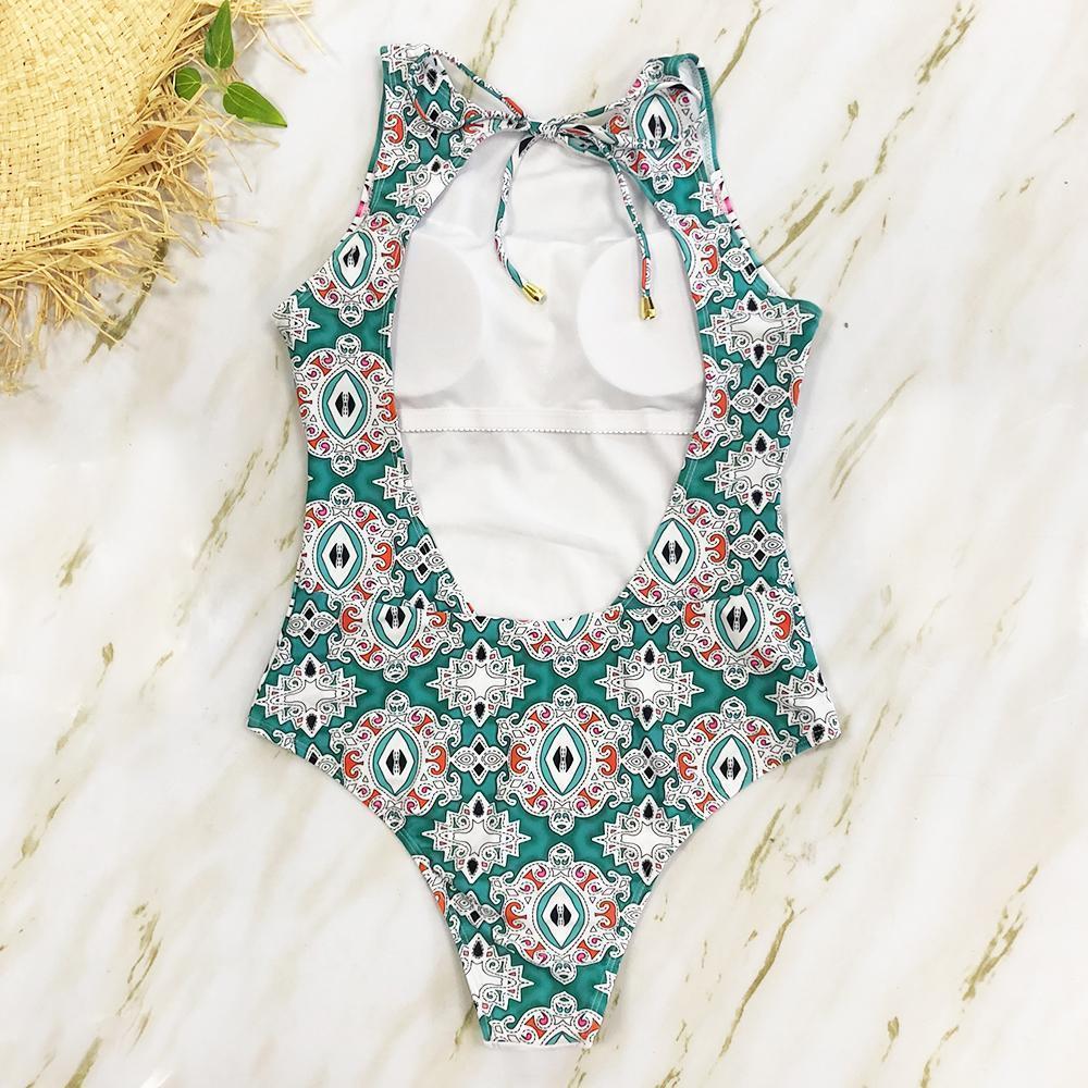 Striped Women One Piece Swimsuit Swimwear Printed Summer Bathing Suit Tropical Bodysuit-1