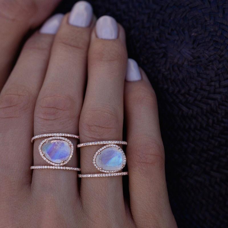 Simple Diamond Beach  Natural Moonstone Hollow Ring