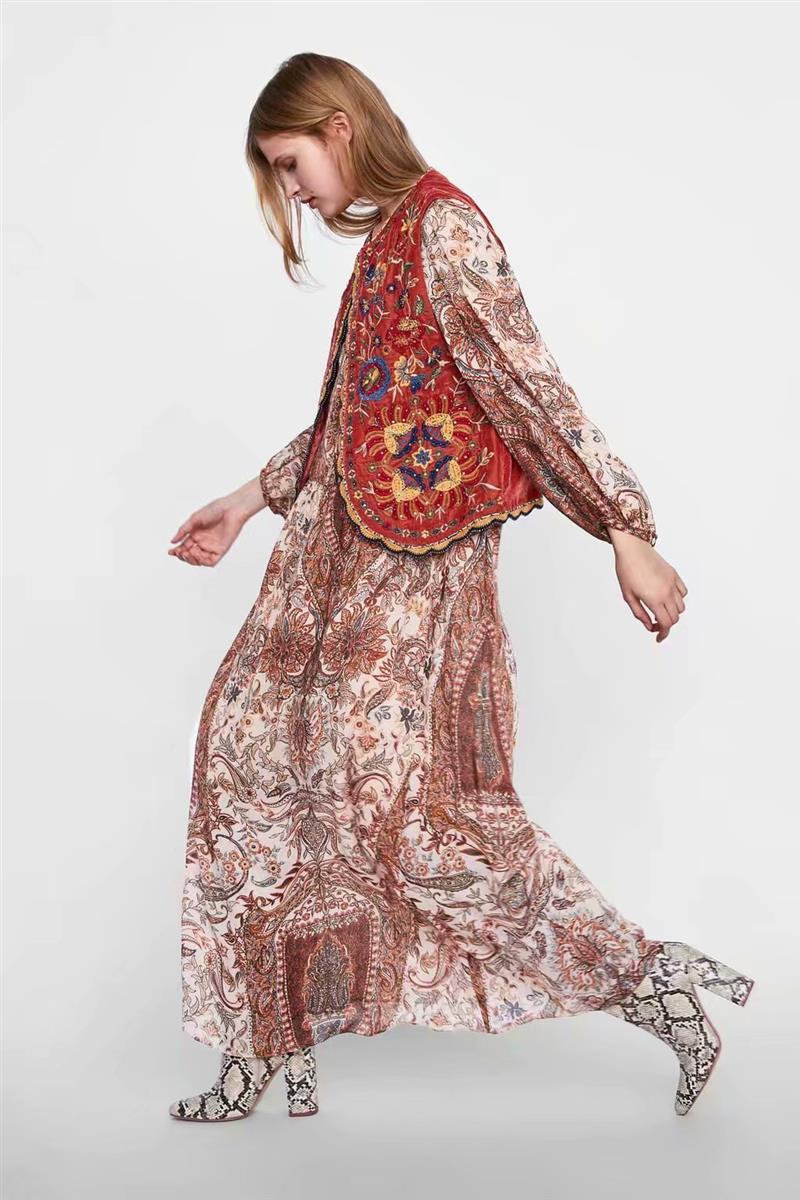 Boho Autumn Orang Floral Embroidery Sleeveless Outerwear Jacket