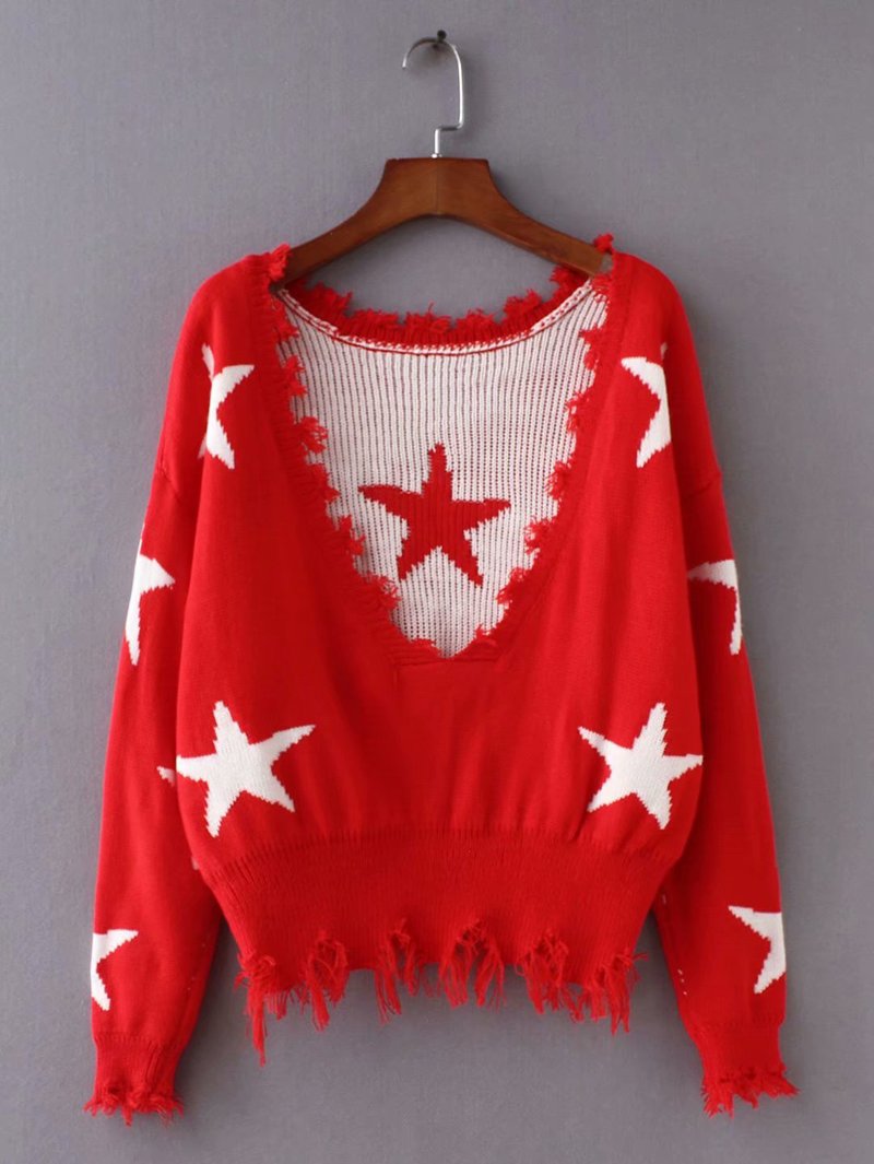 Autumn Long Sleeve Deep V Neck Star Tassels Sweater