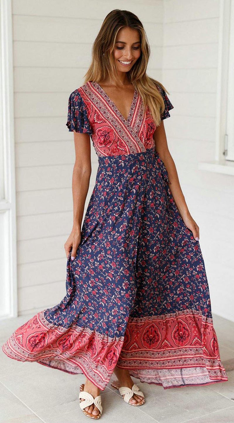 Jastie Vintage Floral Print Maxi Dress Summer Short Sleeve V-Neck Wrap Dresses Casual Beach Long Dress Boho Chic Women Vestidos