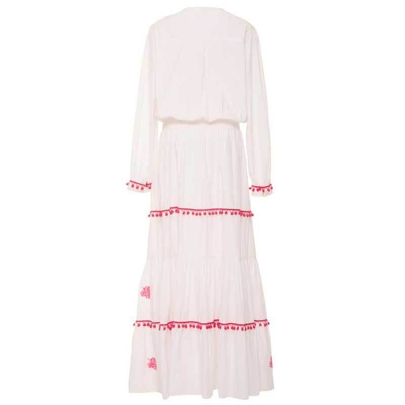 Floral Embroidered Hippie White Long Sleeve Pompom Maxi Dress