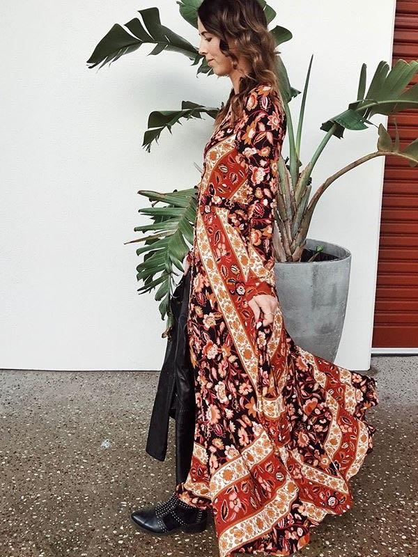 Summer Print Long Sleeve Bohemia Beach Maxi Long Dress