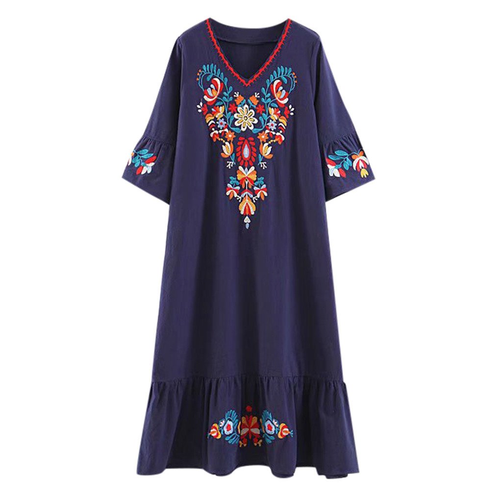 Women Casual Boho Floral Embroidery V-Neck Ruffled Linen Maxi Kaftan Midi Dresses