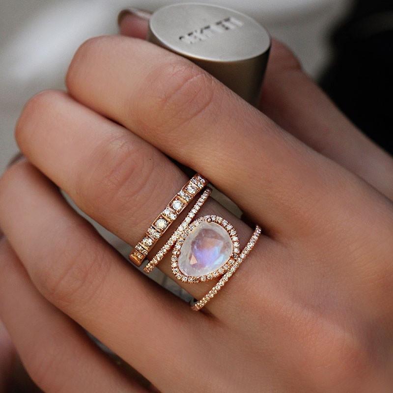 Simple Diamond Beach  Natural Moonstone Hollow Ring