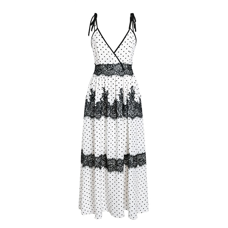 Sexy V-neck Polka Dot Spagetti Strap Lace up Summer Maxi Dress