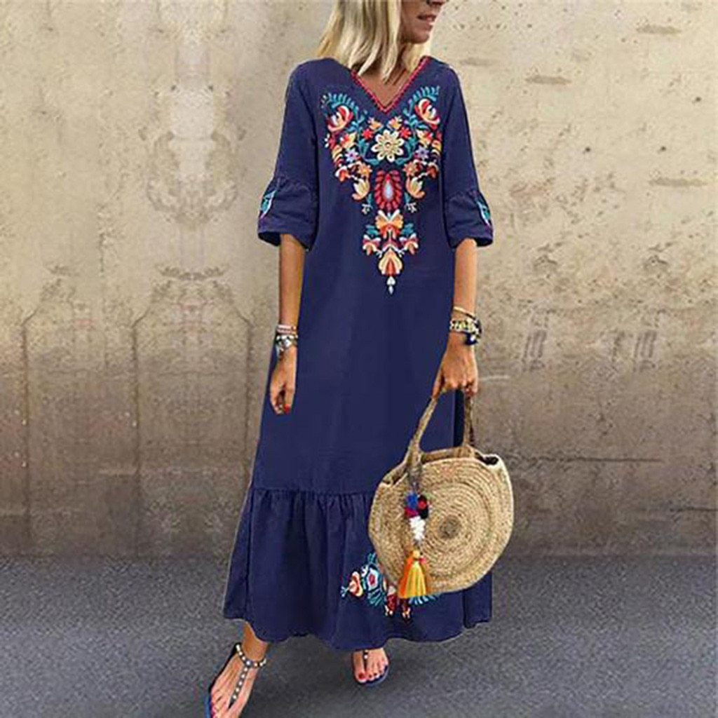 Women Casual Boho Floral Embroidery V-Neck Ruffled Linen Maxi Kaftan Midi Dresses