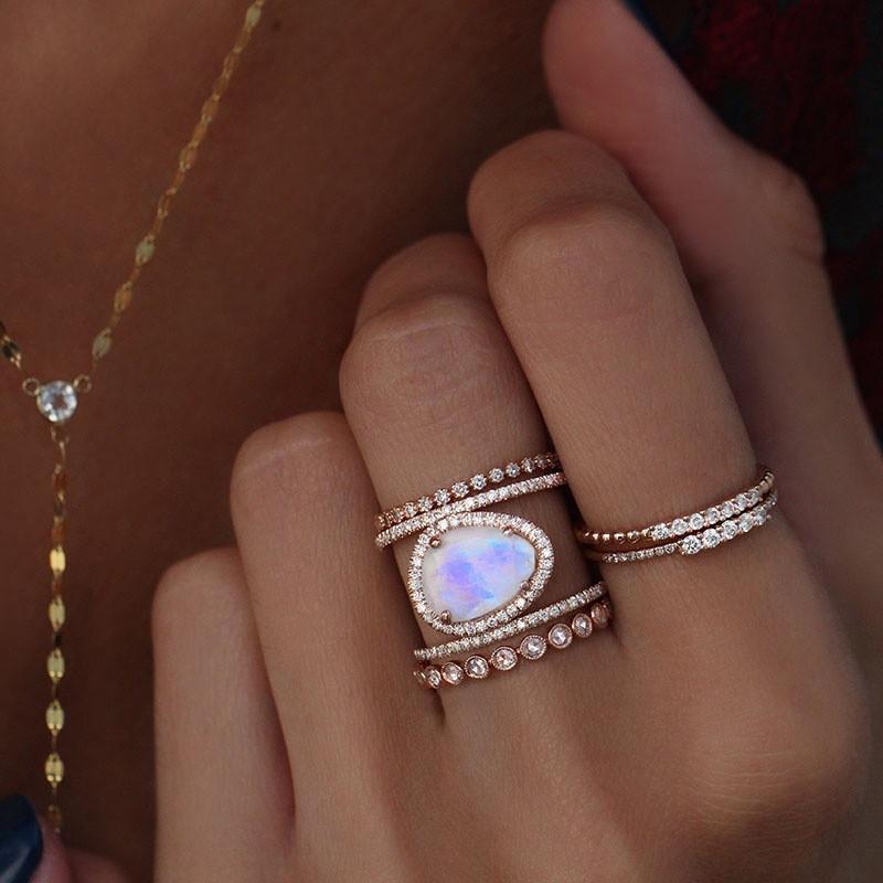 Simple Diamond Beach  Natural Moonstone Hollow Ring