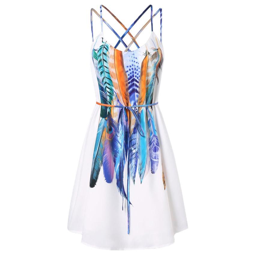 Women Casual Printed Feathers Pattern Dress Cami Strap Loose Sashes fashion Mini dress women