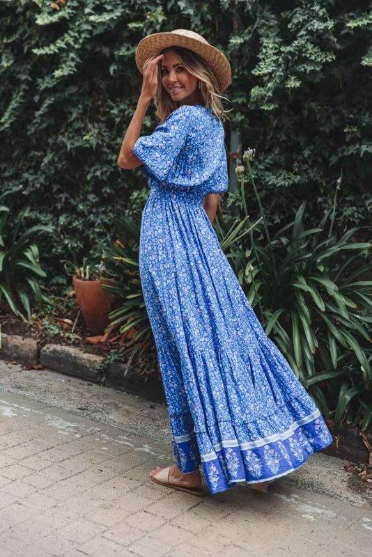 Jastie Vintage Print Maxi Dress Waist tie Ruffle Hem Boho Dresses Women Beach Long Dresses V-Neck Short Sleeve Summer Dress