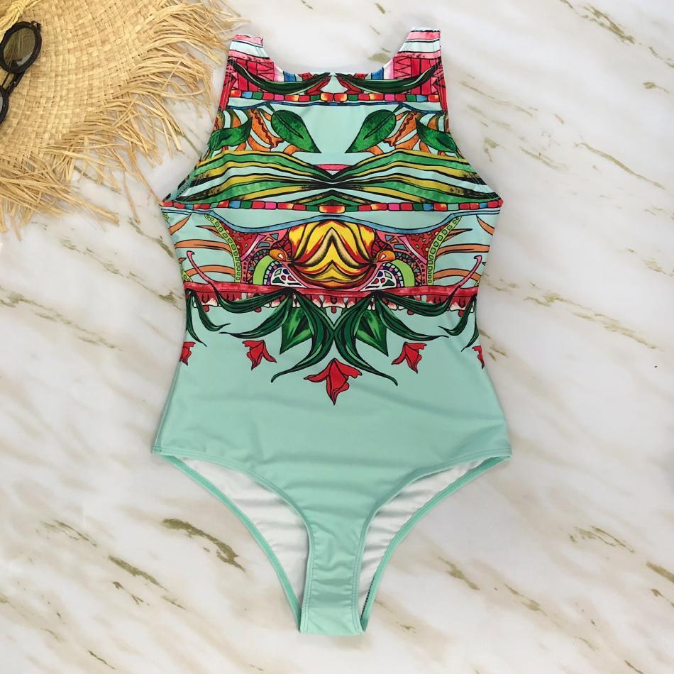 Striped Women One Piece Swimsuit Swimwear Printed Summer Bathing Suit Tropical Bodysuit-1