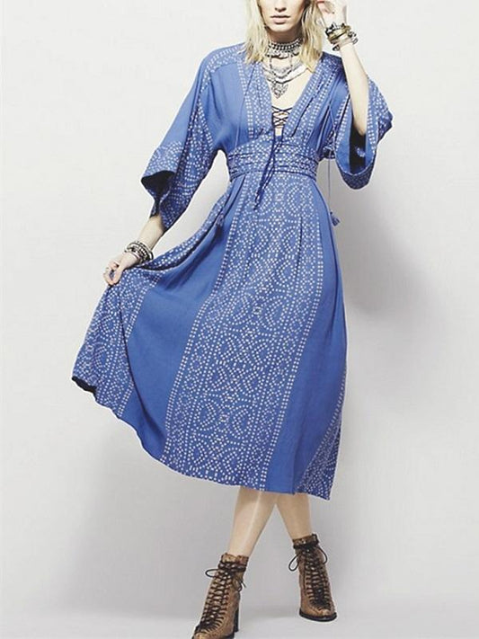 Solid Color Flare Sleeve Long Dresses Vintage Elegant Casual Dress