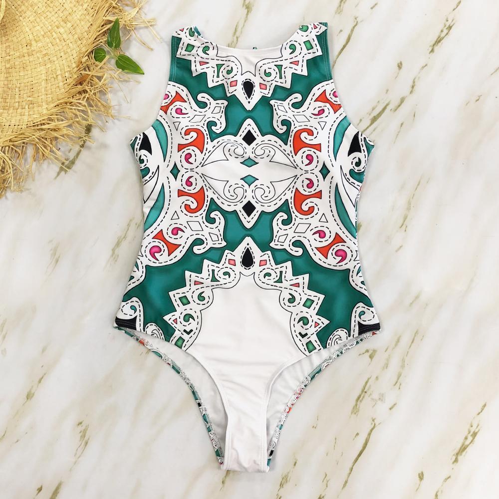 Striped Women One Piece Swimsuit Swimwear Printed Summer Bathing Suit Tropical Bodysuit-1