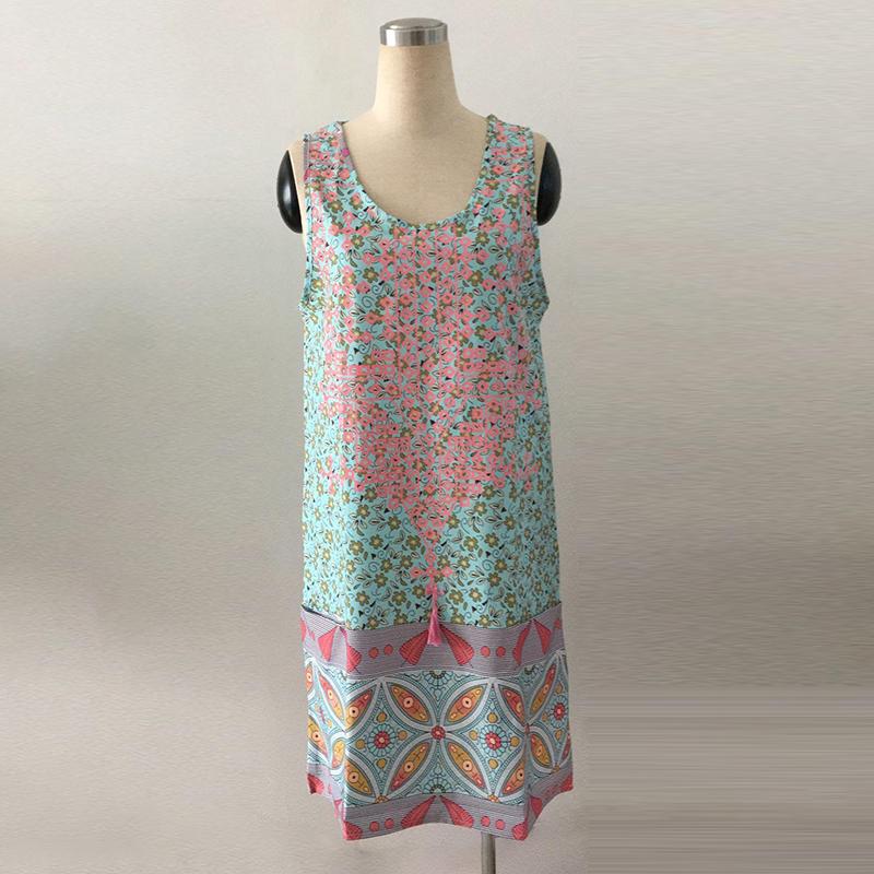 Womens Sleeveless Mini Dress Plus Size Printed Tassel Boho Casual Party Beach