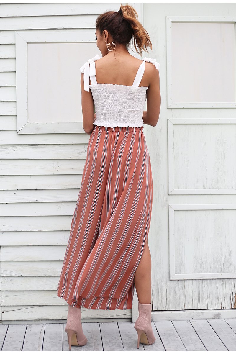 Casual High Waist Split Stripe Wide Leg Pants