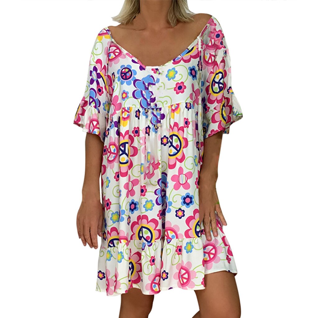 Bohemian Loose Flower Print Short-sleeved Ruffled Summer Mini Dress