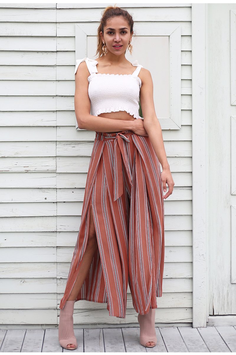 Casual High Waist Split Stripe Wide Leg Pants