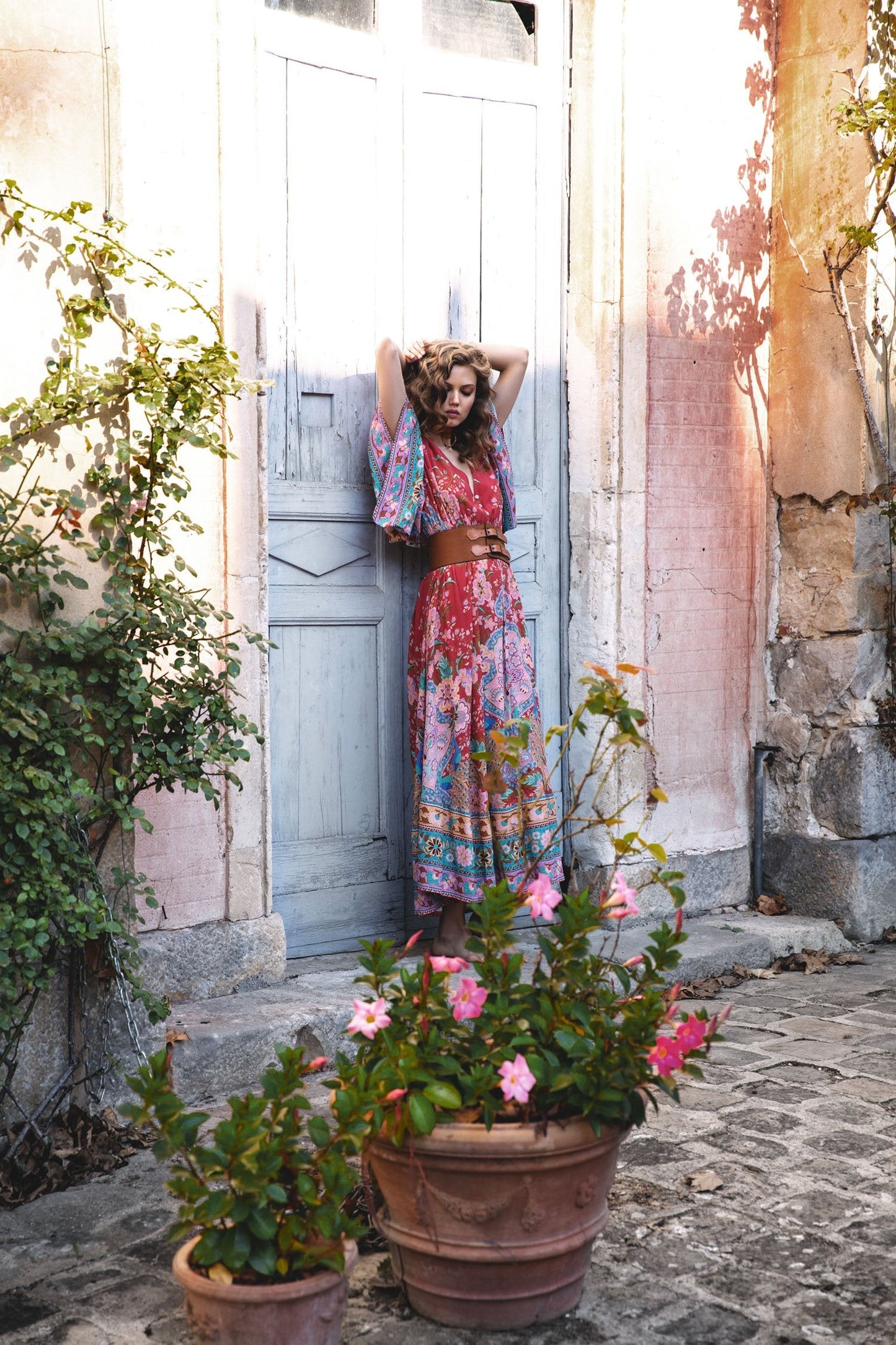 Bohemian Maxi Lotus Print V-Neck Long Dress