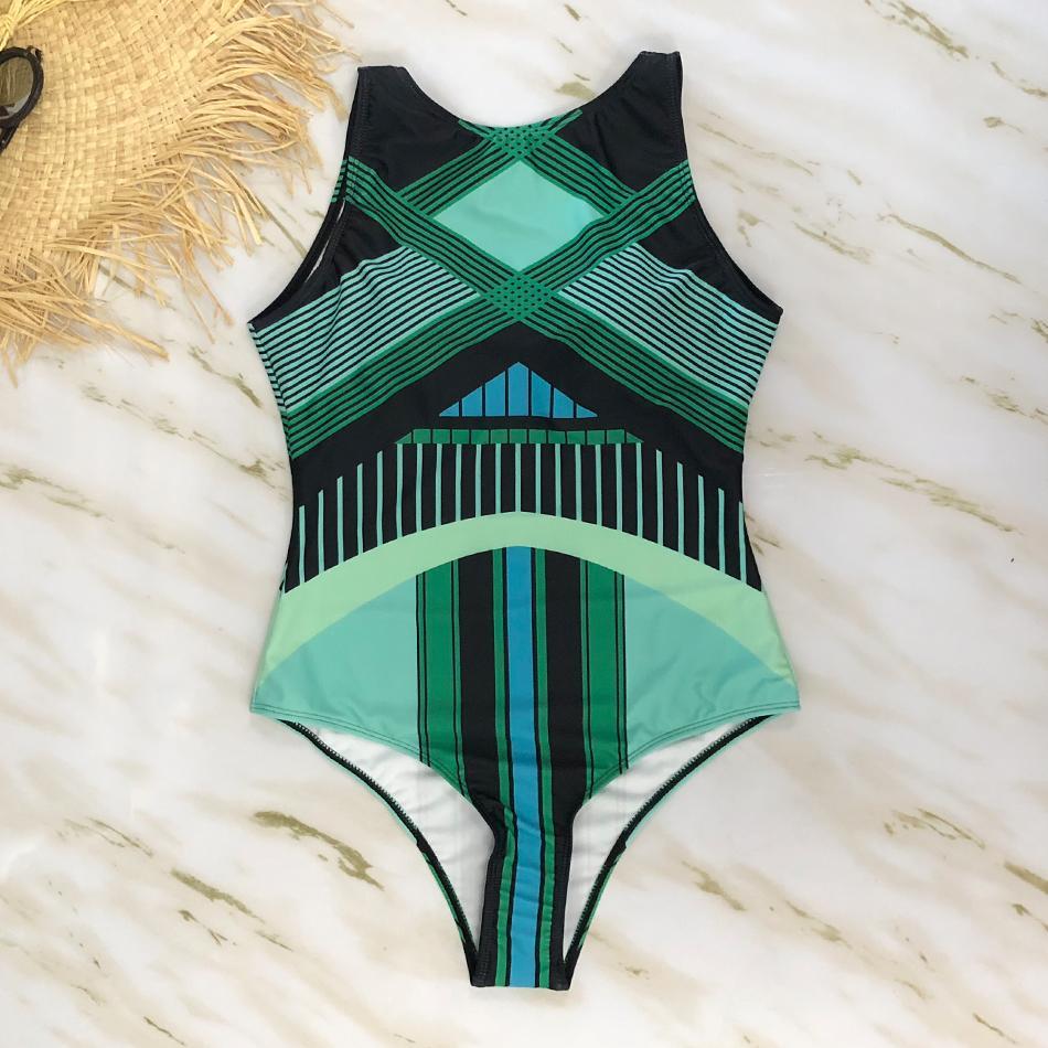 Striped Women One Piece Swimsuit Swimwear Printed Summer Bathing Suit Tropical Bodysuit-1