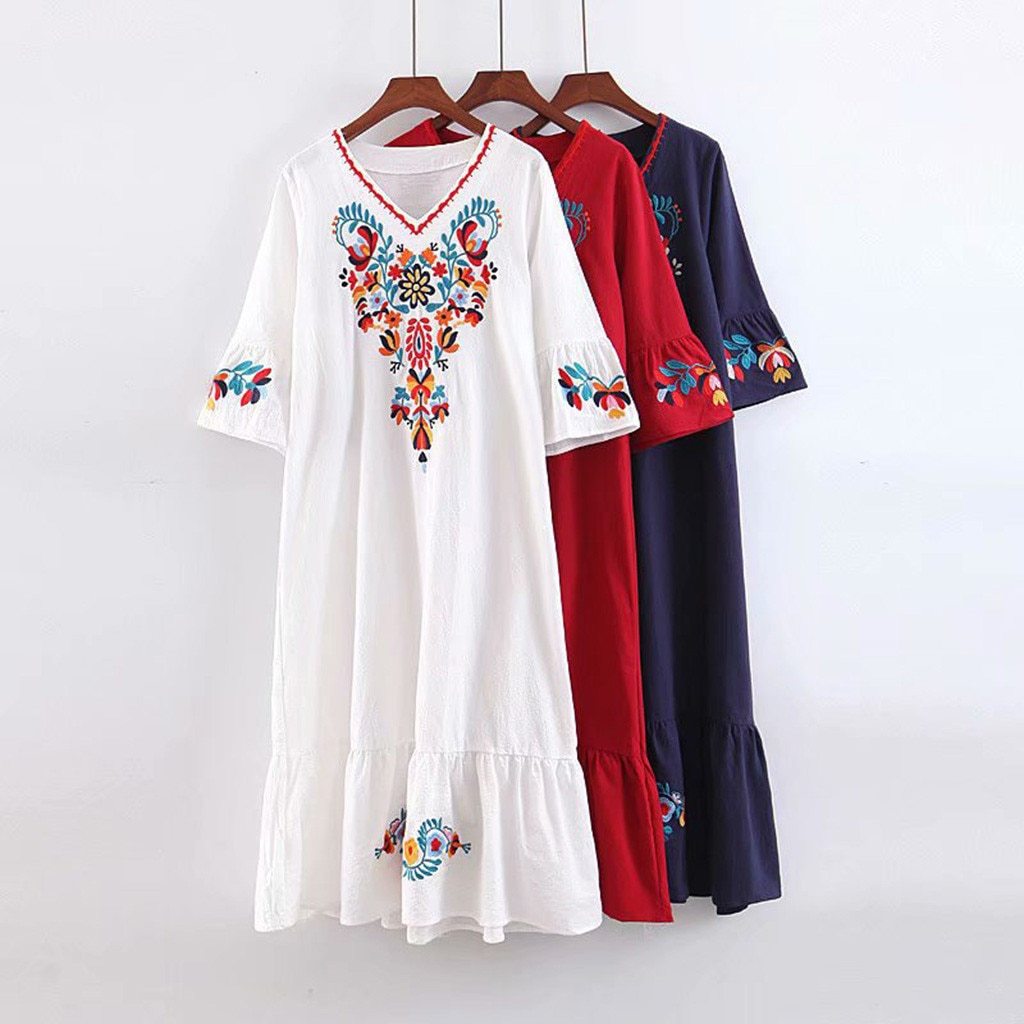 Women Casual Boho Floral Embroidery V-Neck Ruffled Linen Maxi Kaftan Midi Dresses