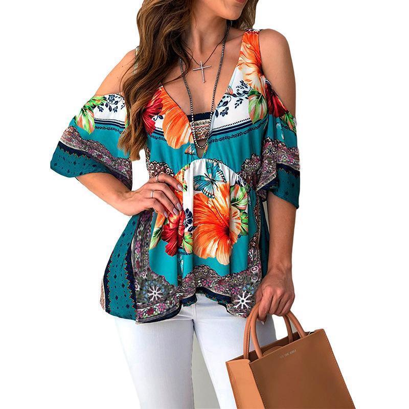 Summer Hot  Women Clothes  Casual Leisure Floral Shirt V Neck Tops Half Sleeve Blouse  Beach