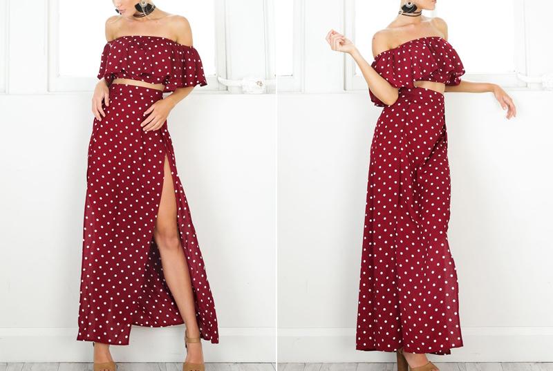 Vintage Dot Off Shoulder Red Split Dress