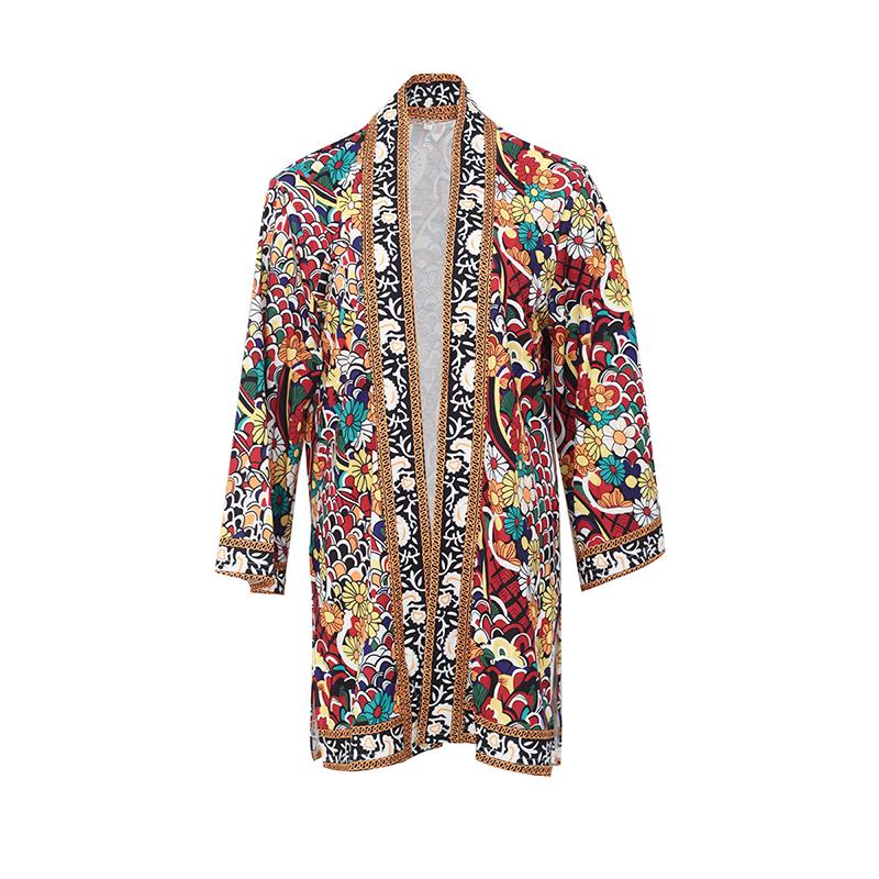 Ethnic Floral Spring Long Sleeve Side Split Casual Outerwear Retro Long Cardigan Jacket