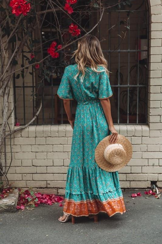 Jastie Vintage Print Maxi Dress Waist tie Ruffle Hem Boho Dresses Women Beach Long Dresses V-Neck Short Sleeve Summer Dress