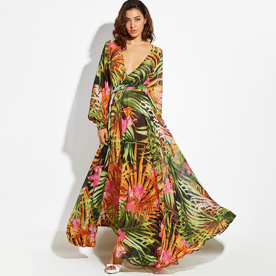 Maxi Boho OrangeTropical Floral Belt Plus Size Long Dress