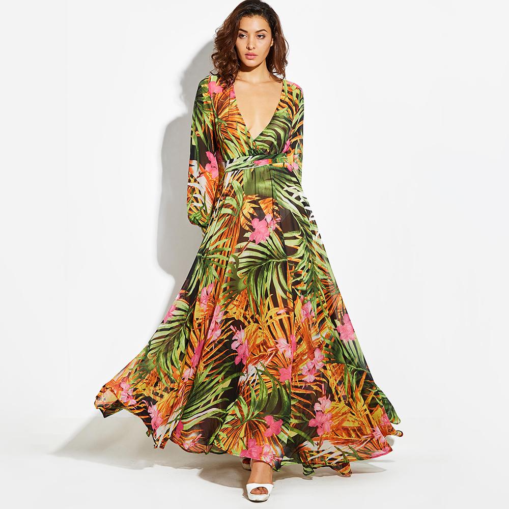 Maxi Boho OrangeTropical Floral Belt Plus Size Long Dress