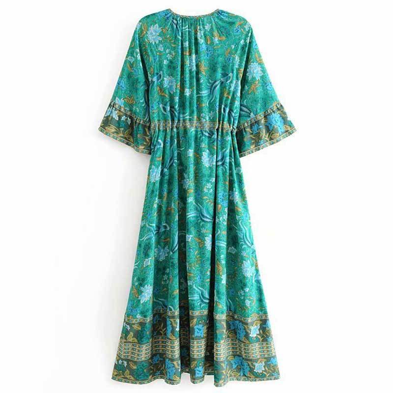 Boho Forest Print Fluted Sleeves Frill Summer Dress V-neck Tied Beach Dress for Women Chic Gypsy Boho Dress