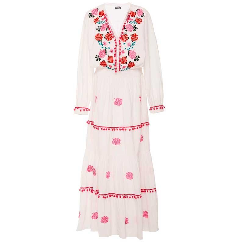 Floral Embroidered Hippie White Long Sleeve Pompom Maxi Dress