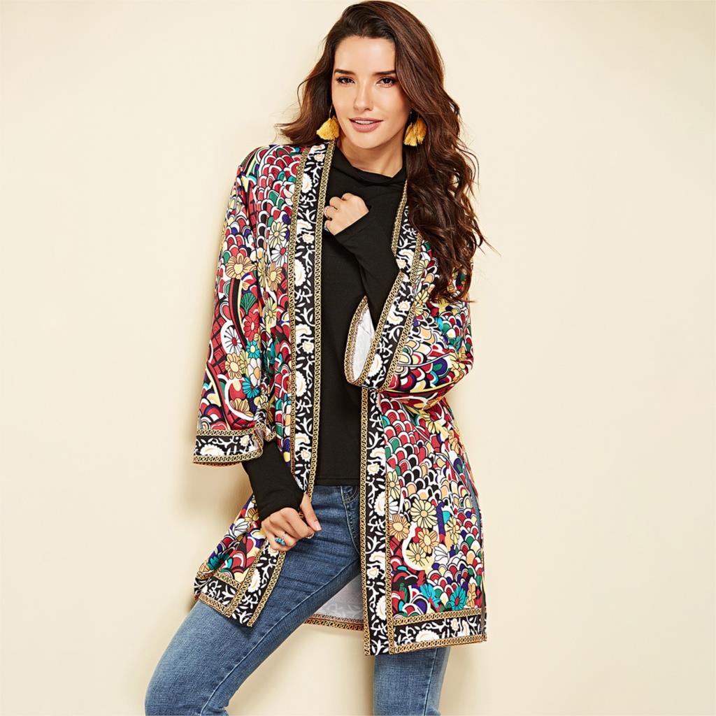 Ethnic Floral Spring Long Sleeve Side Split Casual Outerwear Retro Long Cardigan Jacket