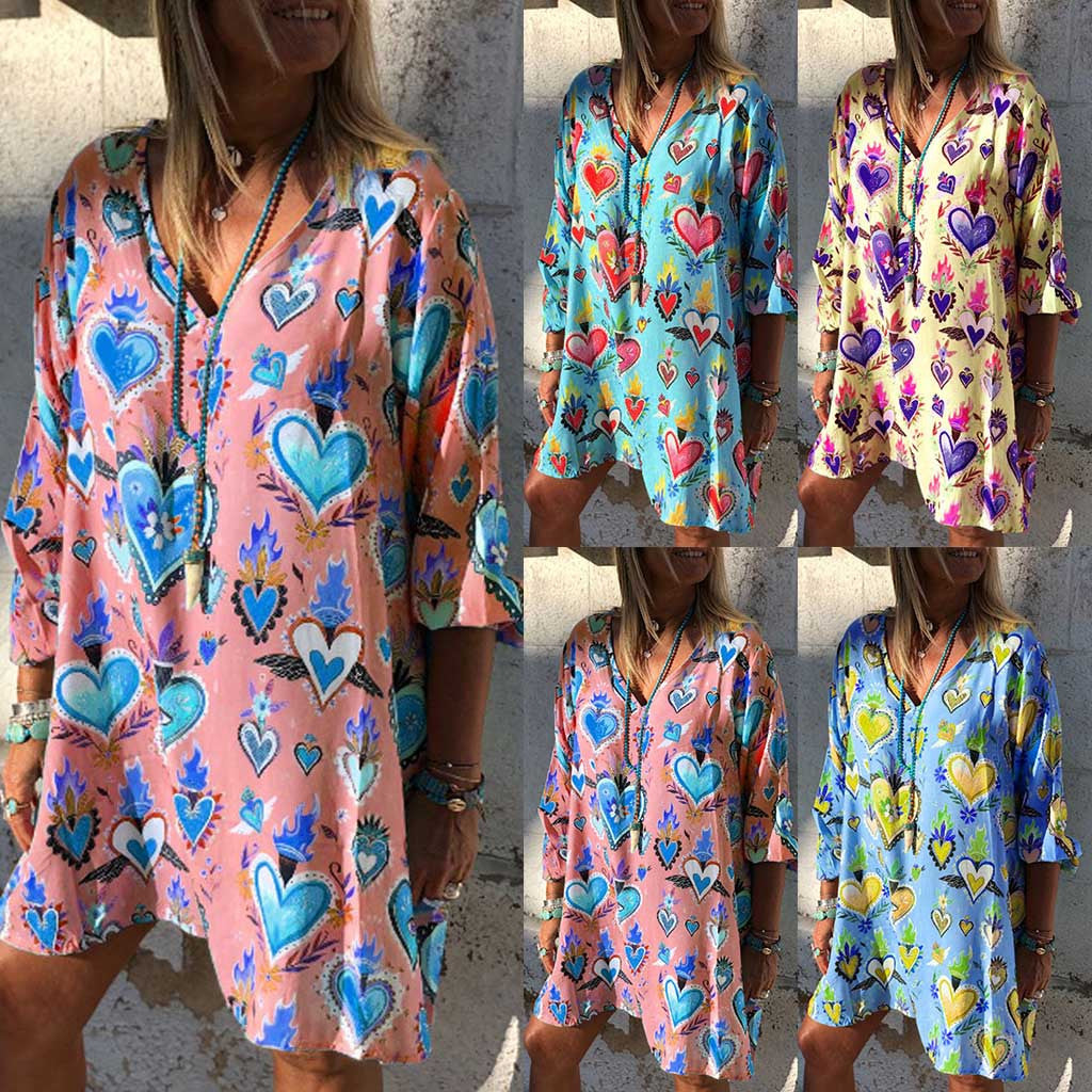 New Womens Casual Print V-Neck Short Sleeve Mini Dress