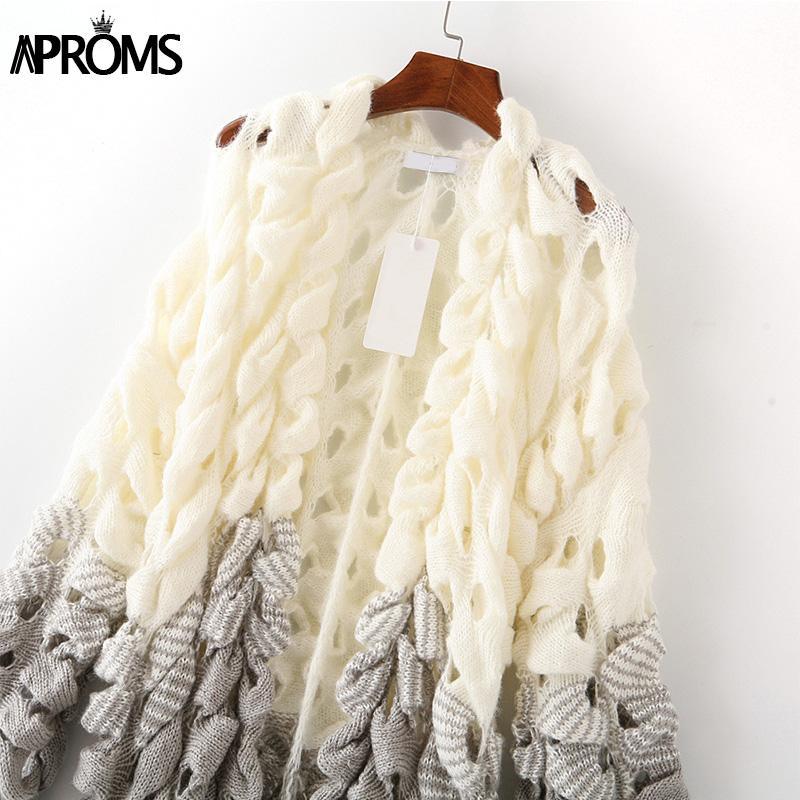 White Gray Patchwork Knitted Cardigan Women Elegant Hollow Out Long Sleeve Christmas Sweater Winter Fashion Outwear Coat