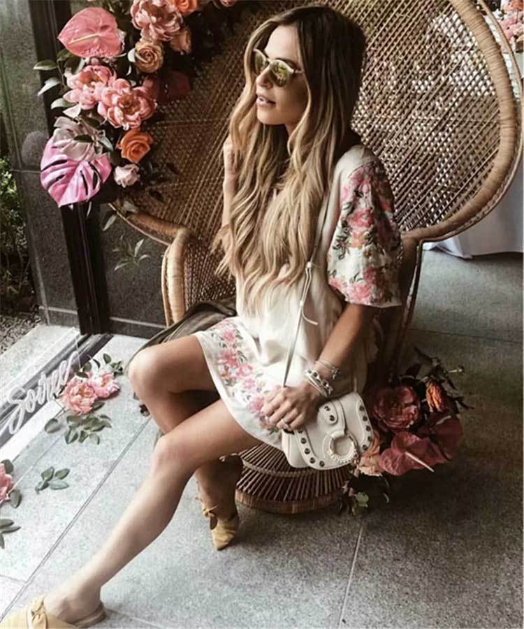 Floral Embroidery V-neck Tassel Puff Sleeves Boho Mini Dress