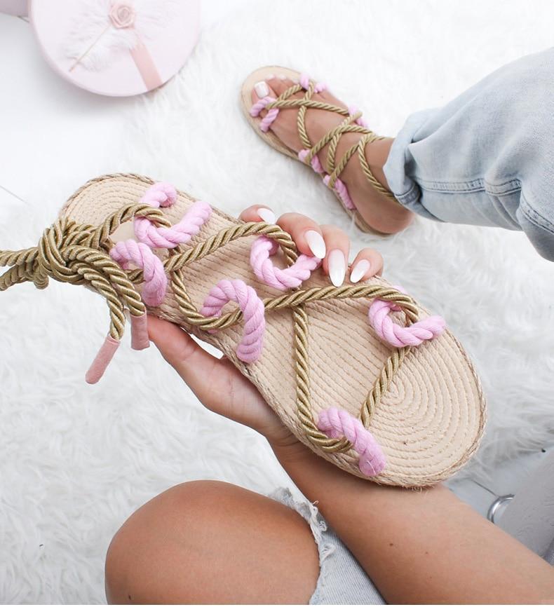 Women Fashion Summer Flat Shoes Colorful Hemp Rope Lace Up Gladiator Sandals