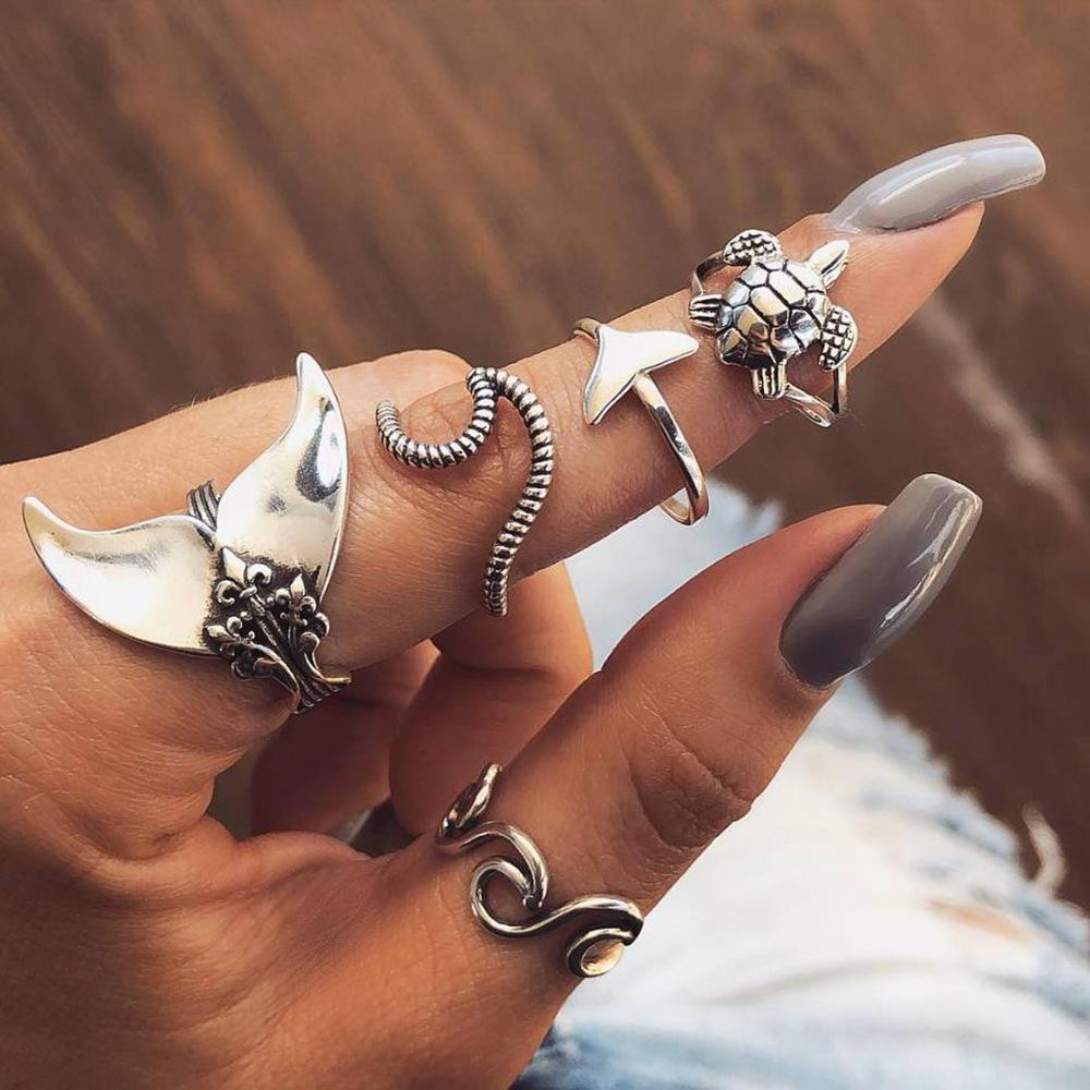 Bohemian Accessories Geometric Turtle Fishtail 5 Piece Sets Ring