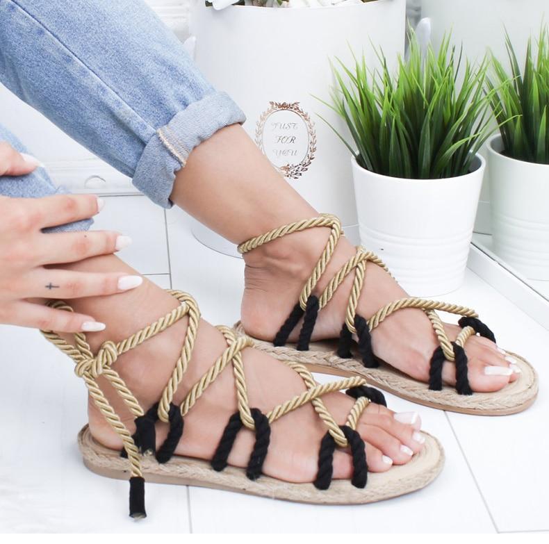 Women Fashion Summer Flat Shoes Colorful Hemp Rope Lace Up Gladiator Sandals