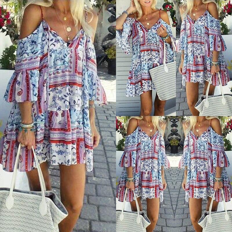 Women Dress Ladies Beach Summer Swing Retro Party Mini Casual Fashion