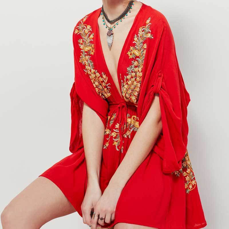 Boho Sexy Embroidered Deep V-neck Drawstring Long Sleeve Mini Dress