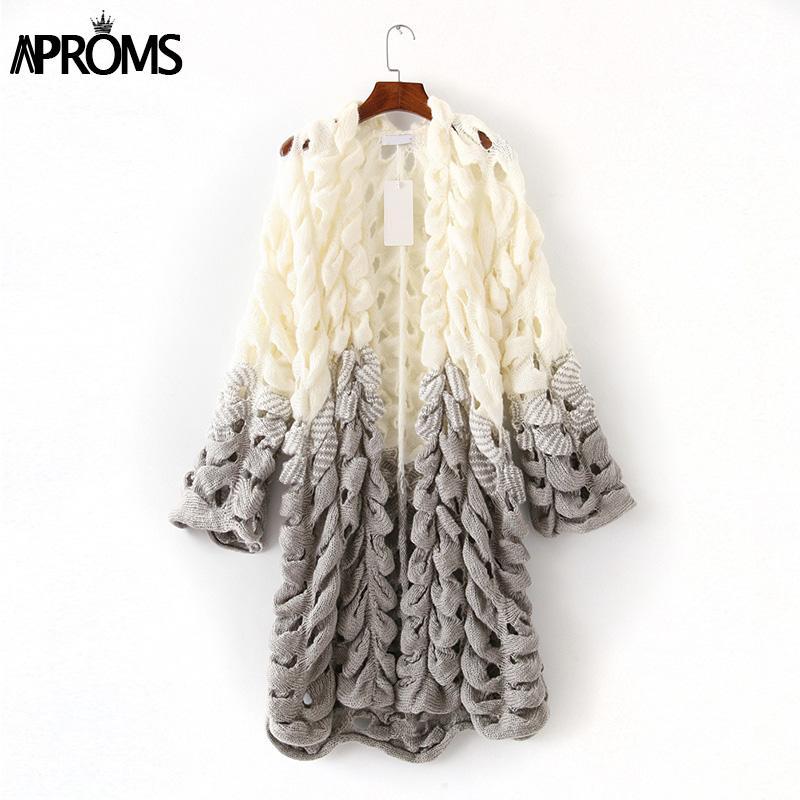 White Gray Patchwork Knitted Cardigan Women Elegant Hollow Out Long Sleeve Christmas Sweater Winter Fashion Outwear Coat