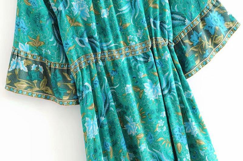 Boho Forest Print Fluted Sleeves Frill Summer Dress V-neck Tied Beach Dress for Women Chic Gypsy Boho Dress