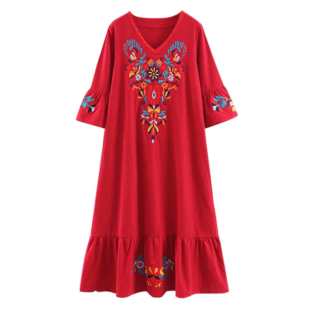 Women Casual Boho Floral Embroidery V-Neck Ruffled Linen Maxi Kaftan Midi Dresses