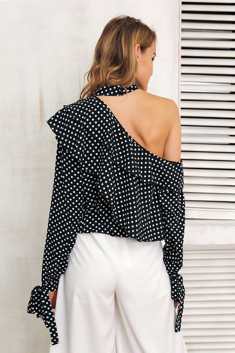 Sexy One Shoulder Polka Dot Lantern Sleeve Blouse Shirt