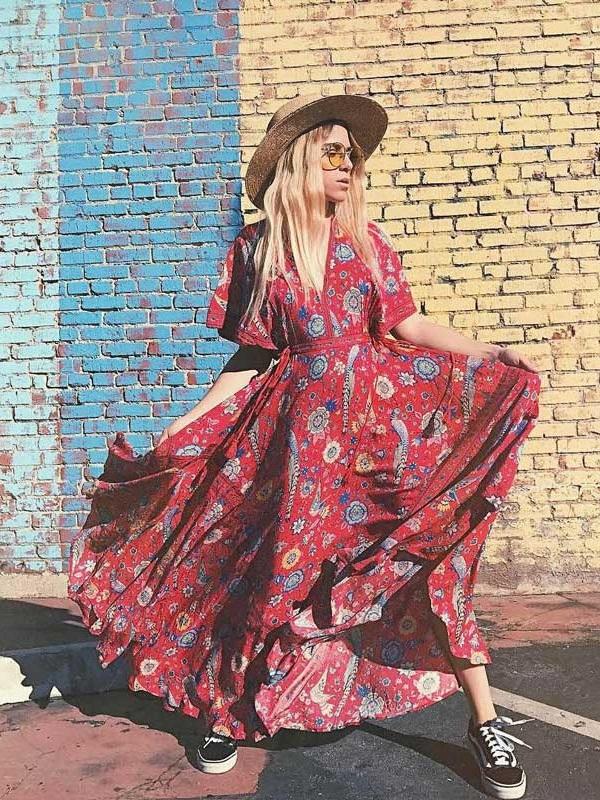 Exotic Floral Print V-neck Long Summer Kimono Sleeve Women Dress