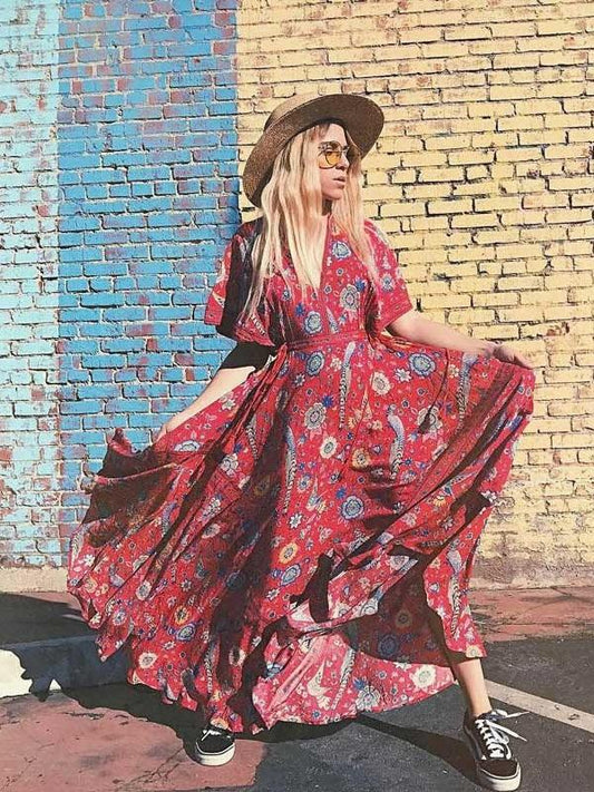 Exotic Floral Print V-neck Long Summer Kimono Sleeve Women Dress